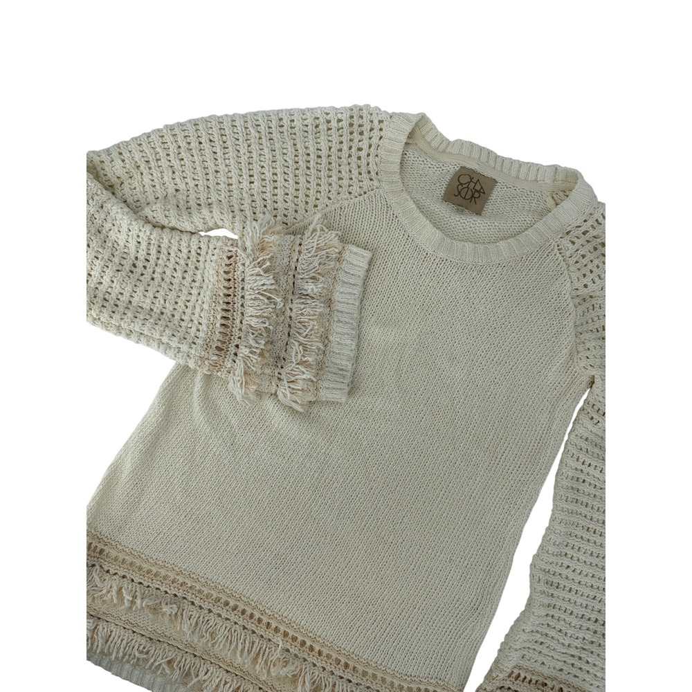 Chaser Cream Fringe Knit Sweater Open Knit Raglan Bell Sleeve Crew Neck Boho
